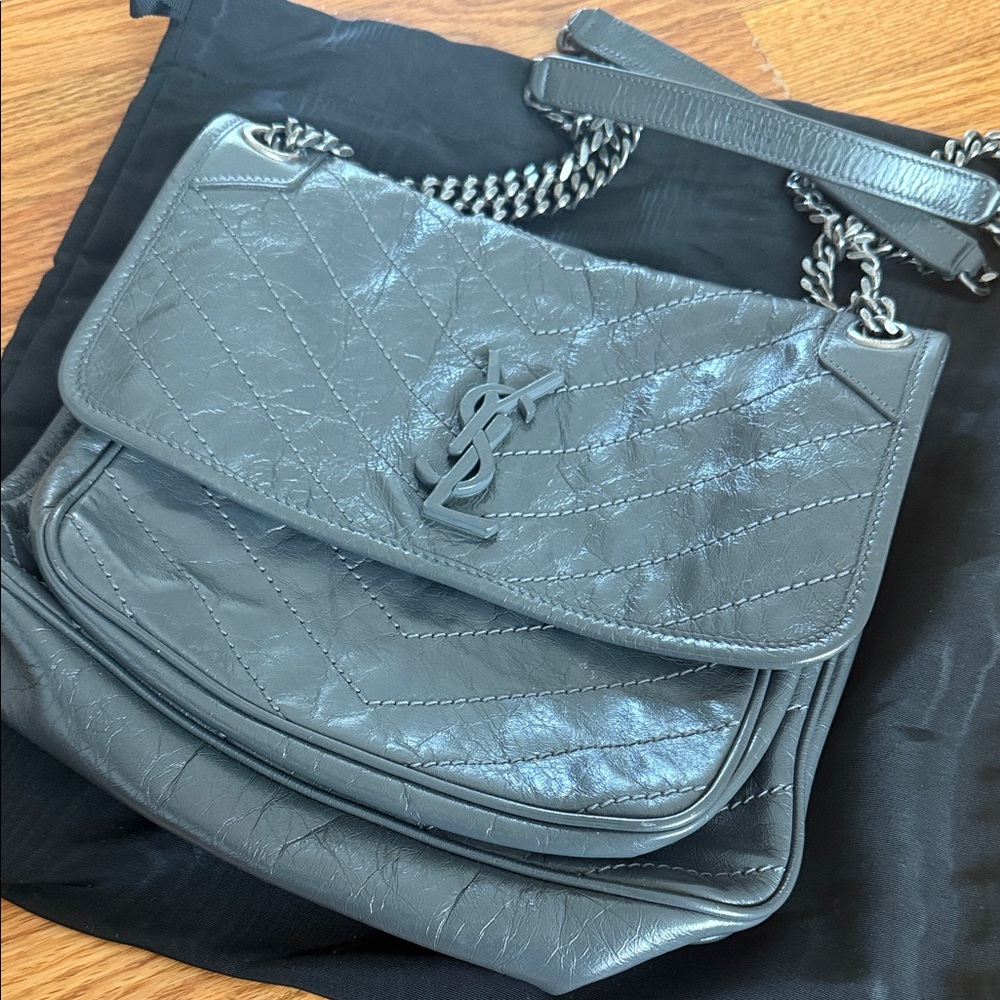Yves Saint Laurent Metallic Gray Quilted Shoulder Bag